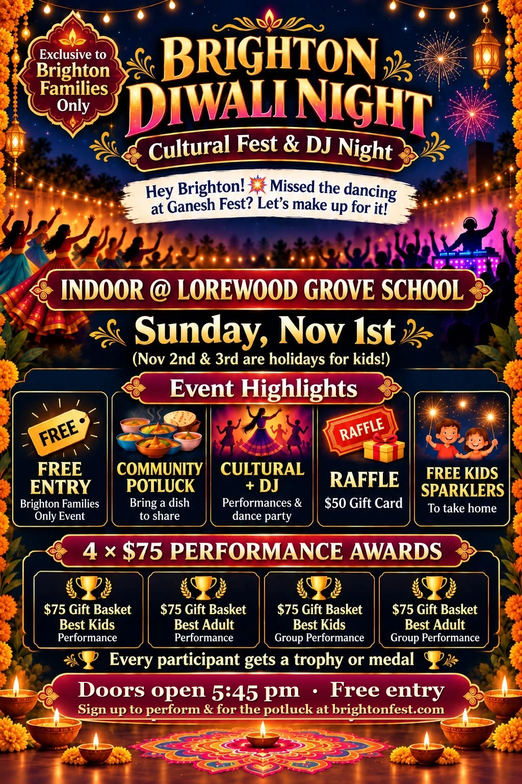 Brighton Diwali Night flyer: Cultural Fest and DJ Night, Sunday Nov 1st, indoor at Lorewood Grove School